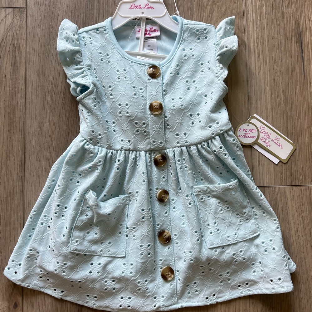 Little Lass Sky Blue Eyelet Button Dress